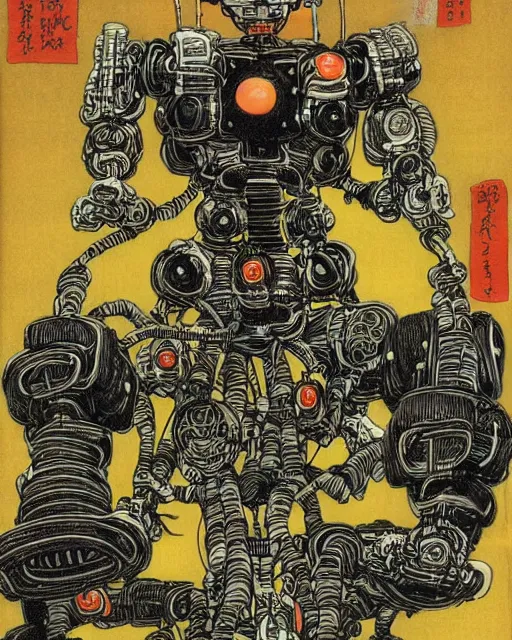 Prompt: Kuniyoshi portrait of a robot saint made of cables and robotic pod by Marc Silvestri