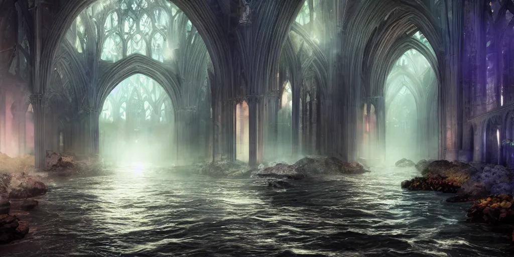 Prompt: ruby, sapphire, celestine, moonstone, amethyst, garnet, emerald and pearl in the river, concept art, fantasy, gothic cathedral, light through the mist, dramatic lighting, photorealistic, cinematic lighting, high detail, cinematic feel, high octane, 4K, Unreal Engine, digital render, intricate, ultra realistic, crepuscular ray, low angle, superwide shot, lunapunk