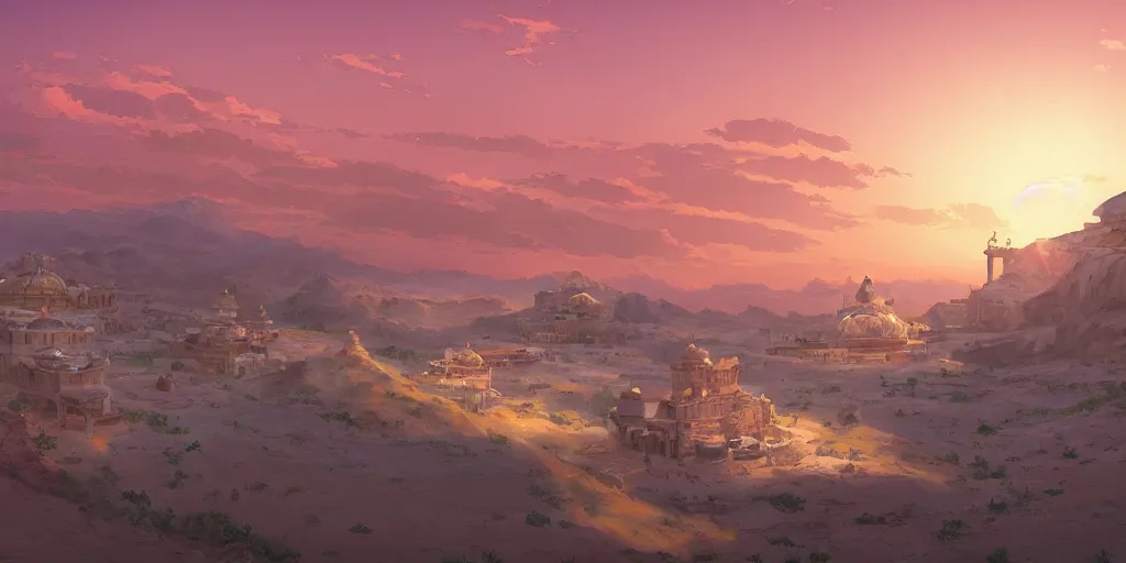 Image similar to a stunning desert landscape with an arabian palace on the horizon by makoto shinkai