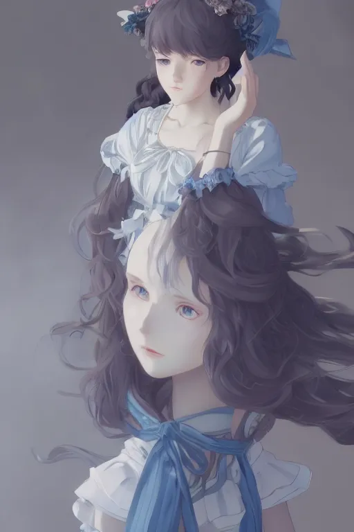 Prompt: a character design of young black lolita dressed girl, grey and blue theme, wavy white long hair by krenz cushart and mucha and akihito yoshida and makoto shinkai and greg rutkowski, detailed eyes, 4 k resolution