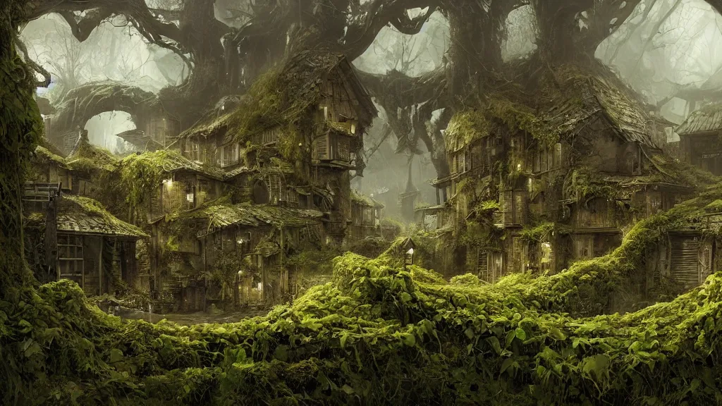 dense village, moss, ivory, vines, extreme darkness, | Stable Diffusion ...