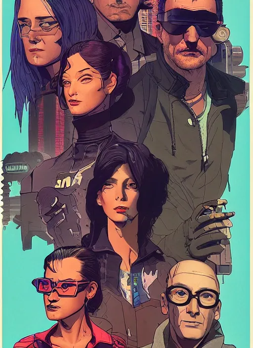 Image similar to cyberpunk heist crew. portrait by stonehouse and mœbius and will eisner and gil elvgren and pixar. character design. realistic proportions. dystopian. cyberpunk 2 0 7 7, apex, blade runner 2 0 4 9 concept art. cel shading. attractive face. thick lines.