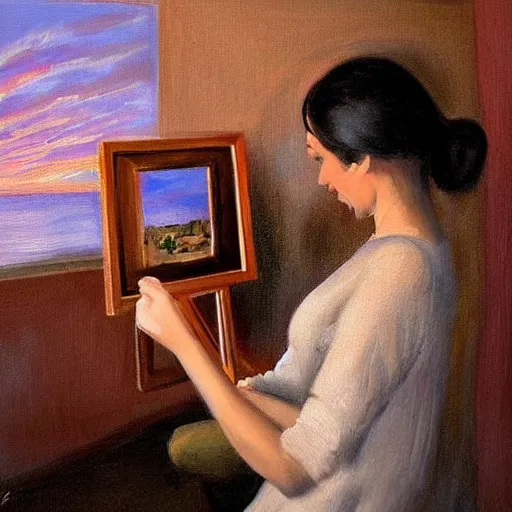 Prompt: a woman painting herself in a self portrait. detailed. artistic. sunset.