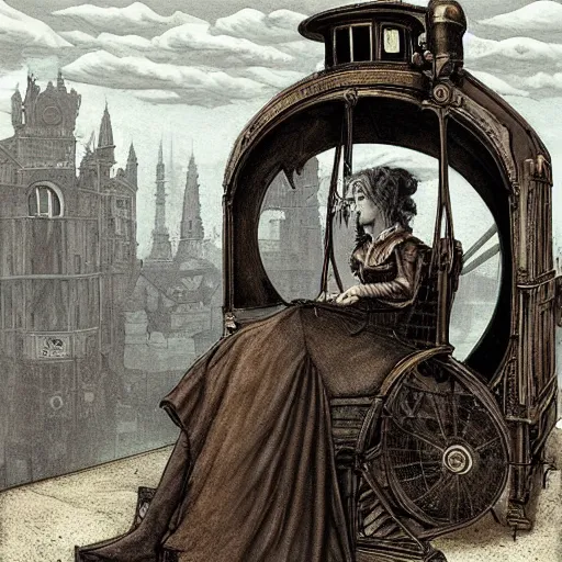 Image similar to a hyperrealistic painting of a victorian steampunk woman sitting in her time machine, blue skies, by john kenn mortensen, highly detailed,