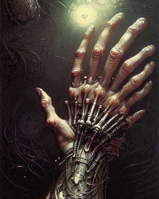 Image similar to human hand anatomy for artists fantasy character portrait, ultra realistic, cinematic, concept art, wide angle, intricate details, hologram, highly detailed by greg rutkowski, aaron horkey, gaston bussiere, craig mullins, simon bisley, arthur rackham