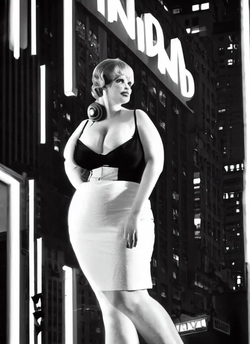 Image similar to a film photography of a joan holloway, curvy, of mad men on madison avenue, new york city. by annie leibovitz. noir style. cinematic. neon lights glow in the background. ilford hp 5 4 0 0, canon eos c 3 0 0, ƒ 1. 8, 3 5 mm, 8 k, medium - format print