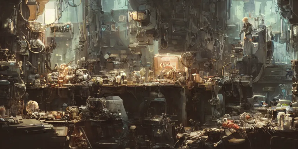Image similar to an environmental concept art of an elderly woman cyberneticist in a cluttered workshop, surgical implements, surgery theatre, robotic arm, blood spatter, highly detailed, cinematic, dramatic, cyberpunk, dieselpunk, scifi space station, horror, bladerunner 2 0 4 9