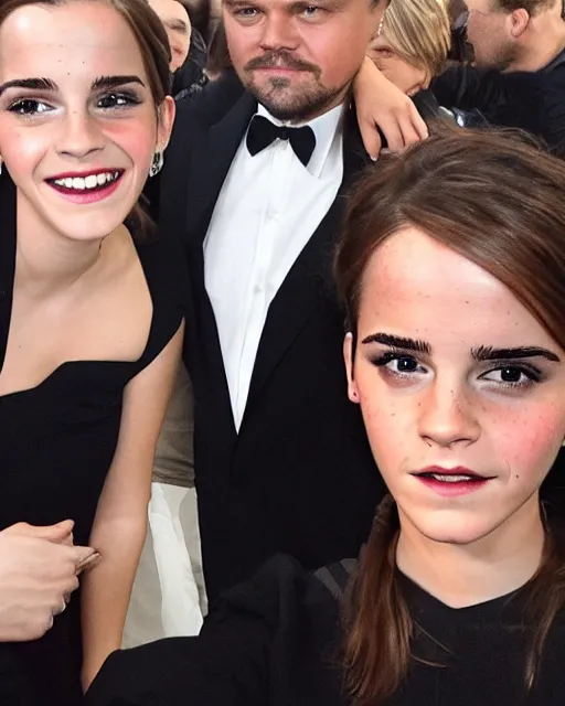 Prompt: selfie of emma watson meeting leonardo dicaprio