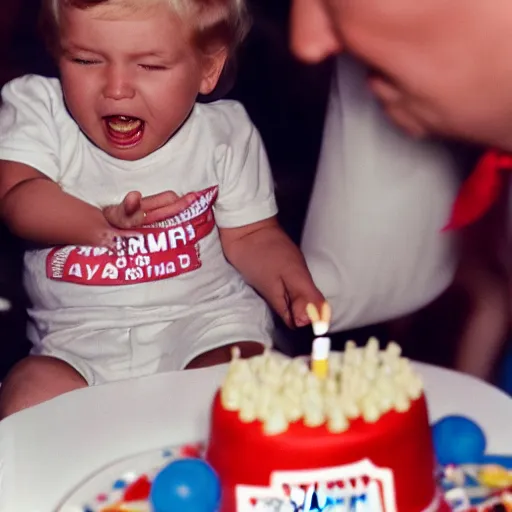 Prompt: Donald Trump as a toddler at a birthday party having a tantrum, 35mm film