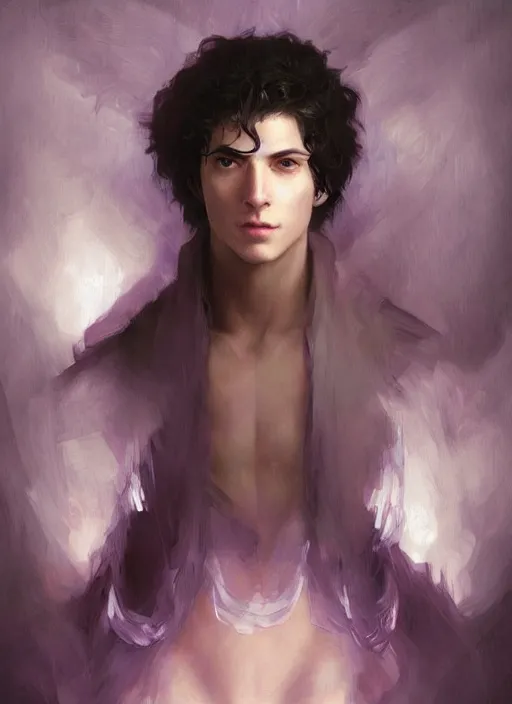 Prompt: character concept portrait of an attractive young aroused Spanish wizard with pale purple skin enchanting a killing curse, a floating iridescent spell book in the center, intricate, elegant, digital painting, concept art, smooth, sharp focus, illustration, from Metal Gear, by Ruan Jia and Mandy Jurgens and William-Adolphe Bouguereau, Artgerm