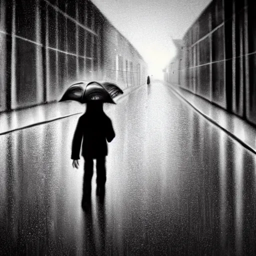 Image similar to A small child wearing black shoes and a rain coat obscuring his face walking alone in a dark alley,it is raining heavily, scary atmosphere,gloomy lighting, digital art , highly detailed , high contrast, beautiful lighting, award winning , trending on art station, 8k, photo realistic