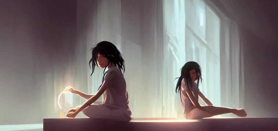 Image similar to Young Himalayan woman sitting concerned in an empty room with loneliness using psychic powers to make a lighter float| night time scene, plain walls |somber white eyes, long ashy hair | gentle lighting, futuristic, dim lighting, digital art by Makoto Shinkai ilya kuvshinov and Wojtek Fus, digital art, concept art,