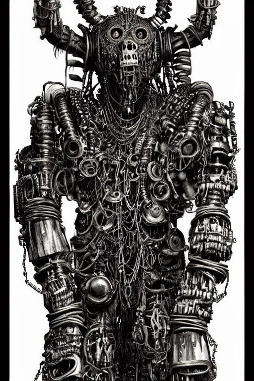 Image similar to wild monstorous anthropomorphic biomechanical bear shaman-warrior wearing chains made of tiny human skulls and other voodoo artifacts. Wearing dreadlocks made of cables and wires. Upgraded with hightech cyberwares. huge, big, giant bear human hybrid, mecha animal, tall, detailed woodcut armor, terrifying and dangerous, scary, beautiful, steampunk monster android hybrid art portrait, matte scifi fantasy painting, half robot half bear. DeviantArt Artstation, by Jason Felix by Steve Argyle by Tyler Jacobson by Peter Mohrbacher, cinematic lighting