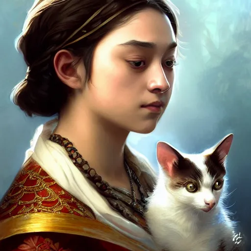 Image similar to Portrait of arya stark as javanese princess kissing a cat, elegant, digital painting, highly detailed, fantasy, artstation, concept art, smooth, sharp focus, illustration, art by William-Adolphe Bouguereau and artgerm and greg rutkowski and alphonse mucha