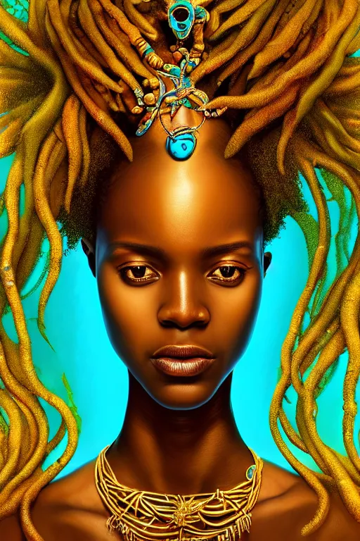 Image similar to hyperrealistic cinematic wide shot of very expressive! translucent!! african goddess, underwater scene with fish and algae, gold jewerly, highly detailed face, digital art masterpiece, eric zener cam de leon, dramatic pearlescent turquoise light on one side, low angle uhd 8 k, shallow depth of field