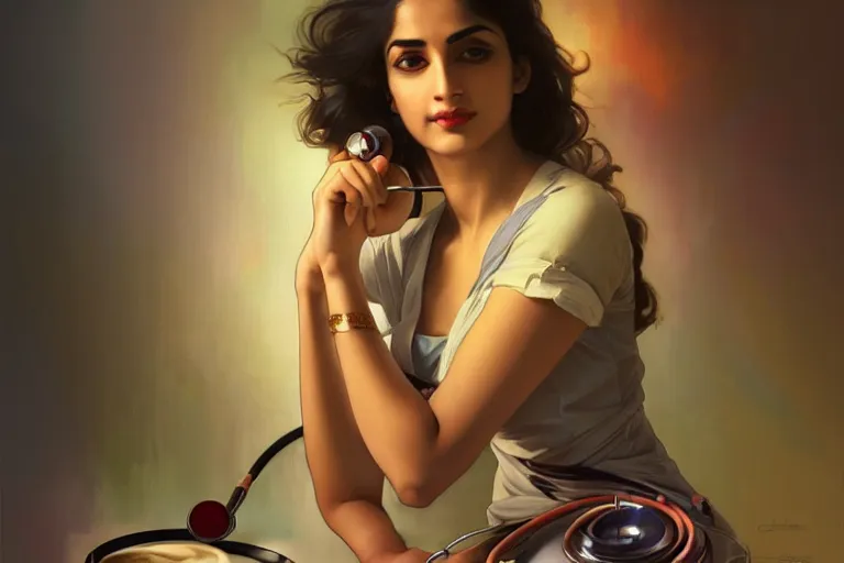 Image similar to sensual pale beautiful indian doctor in jeans with stethoscope, art deco portrait, elegant, intricate, digital painting, artstation, concept art, smooth, sharp focus, illustration, art by artgerm and greg rutkowski and alphonse mucha