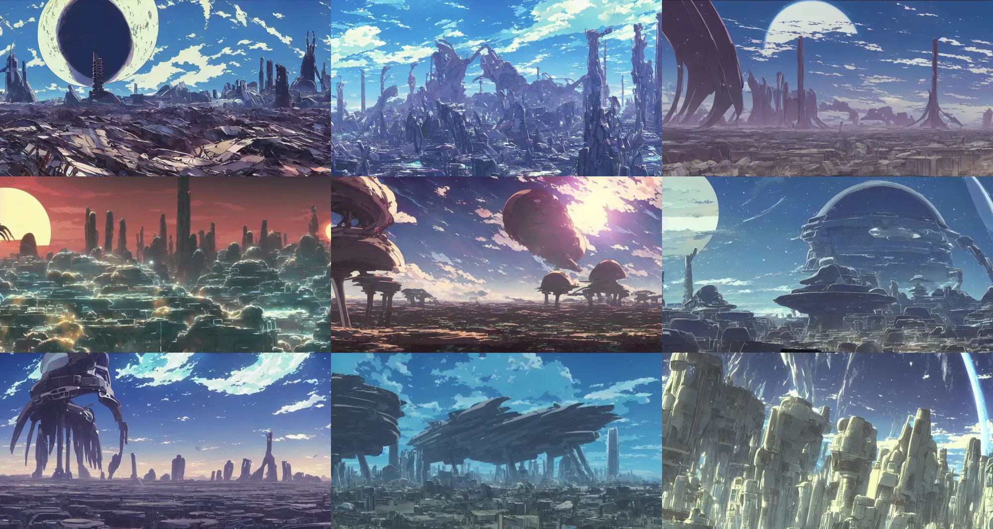 Prompt: screenshot from the science fiction anime film by makoto shinkai, towering ruins of alien megastructures, sandy desert alien planet, from the anime film by studio ghibli