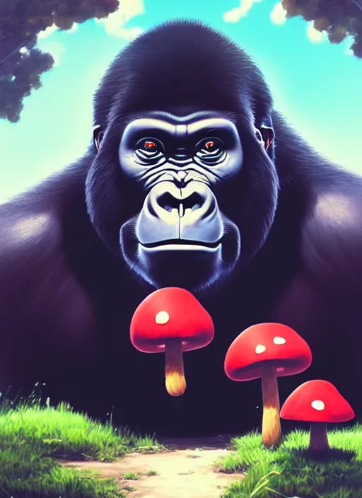 Prompt: portrait of gorilla holding a small red mushroom, sunny sky background, lush landscape, illustration concept art anime key visual trending pixiv fanbox by wlop and greg rutkowski and makoto shinkai and studio ghibli and kyoto animation, symmetrical facial features, black shirt, red headphones, backlit
