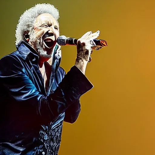 Prompt: tom jones singing with the rolling stones having a nightmare on elm street chased by a fire