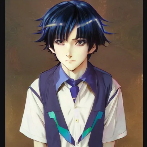 Image similar to small boy with black hair and blue purple eye, school uniform, anime style, hyper detailed, illustration, digital painting, art by artgerm and greg rutkowski and alphonse mucha, high delicate defined details, anime stylized, highly detailed, realistic, sharp focus