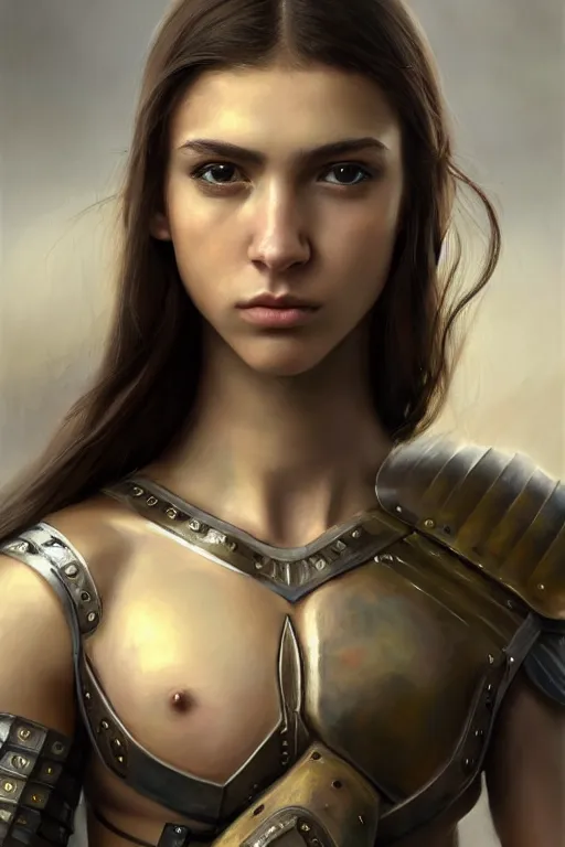 Image similar to a photorealistically painted portrait of an attractive young girl, partially clothed in military battle armor, with an abstractly painted background, flawless olive skin, fair complexion, long dark hair, beautiful bone structure, perfectly symmetric facial features, perfect photorealistic eyes, natural physique, intricate, elegant, digital painting, concept art, finely detailed, beautifully illustrated, sharp focus, minimal artifacts, volumetric lighting, from Halo, by Ruan Jia and Mandy Jurgens and Artgerm and William-Adolphe Bouguerea, in the style of Greg Rutkowski, trending on Artstation, award winning art