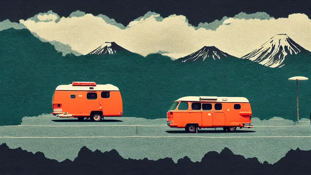 Image similar to japan various natural splendor and rural camper touring, a representational non - abstract collage painting, in the style of wes anderson, lola dupre, david hockney, isolated on negative space background dark monochrome neon spraypaint accents volumetric octane render