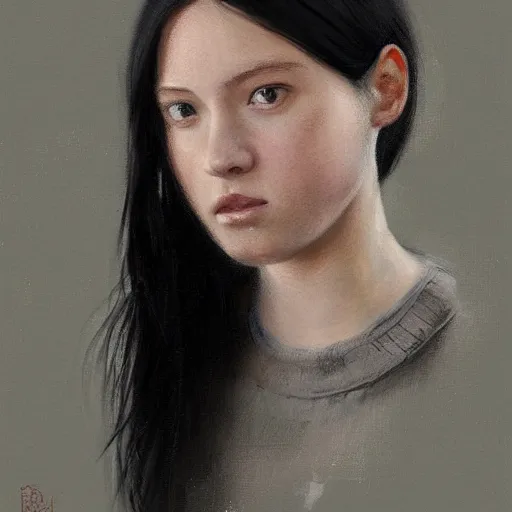 Prompt: portrait of a girl by greg rutkowski, she is about 2 0 years old, mixture between russian and japanese, prettt, black bob hair with two strands around her face, wearing a tank top and a oversized jumper overall, highly detailed portrait, digital painting, artstation, concept art, smooth, sharp foccus ilustration, artstation hq