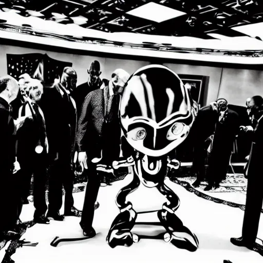 Image similar to an alien meeting the president, highly detailed, highly intricate, black and white