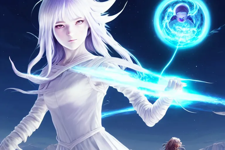 Image similar to white dressed summoner girl fighting against outer gods with their creatures. floating planets on the background, box office hit, fantasy and cosmic horror movie, unreal engine, intricate, highly detailed 8 k, ambient occlusion, extremely beautiful and aesthetic shape of face and body, art by hiroaki samura and ilya kuvshinov and rossdraws