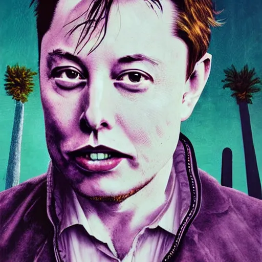 Image similar to a portrait of a elon musk in a scenic environment by abercrombie, gertrude. cgsociety, surrealism, surrealist, dystopian art, purple color scheme