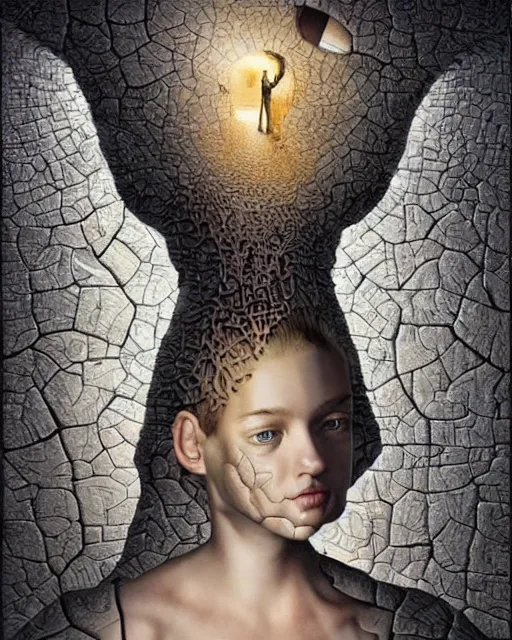 Image similar to gender dysphoria theme surrealist art in the styles of igor morski, jim warren, and rob gonsalves, intricate, hyperrealistic, volumetric lighting