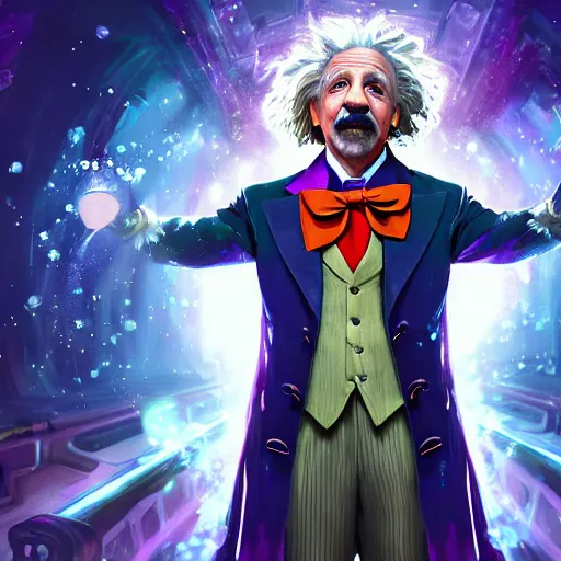 Image similar to portrait of albert einstein as willy wonka, league of legends amazing splashscreen artwork, fantasy, splash art, natural light, elegant, photorealistic facial features, intricate, fantasy, detailed face, atmospheric lighting, anamorphic lens flare, cinematic lighting, league of legends splash art, hd wallpaper, ultra high details by greg rutkowski