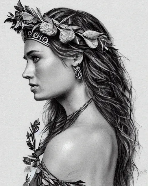 Image similar to realism tattoo sketch of jessica hart as a beautiful greek goddess aphrodite with piercing eyes wearing a laurel wreath and triangle earrings, in the style of greg rutkowski, amazing detail