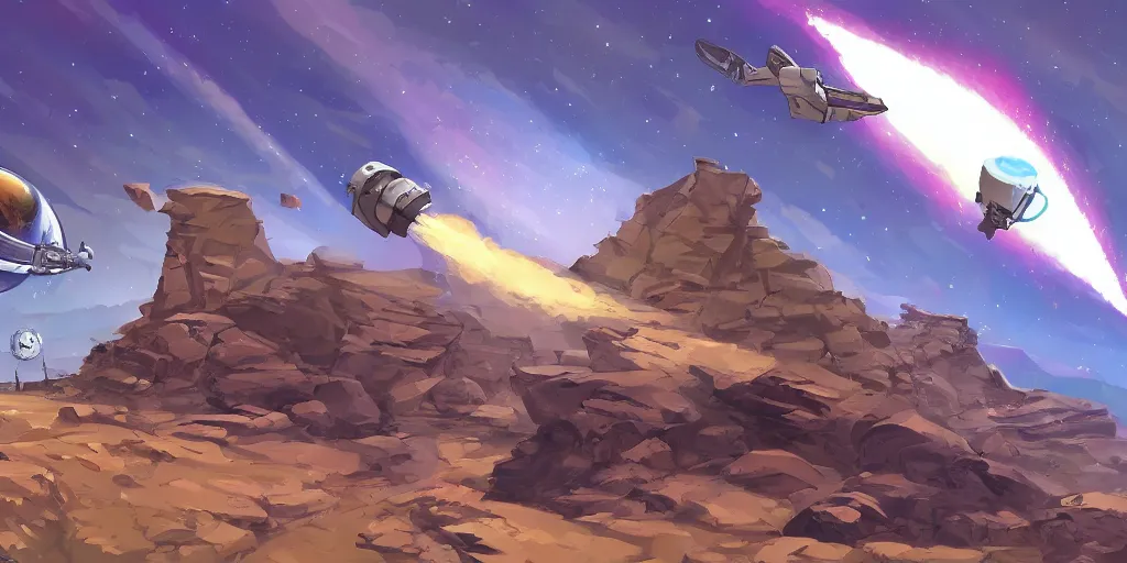 Image similar to marketing game illustration, a space craft run into the rocks canyon very fast in the style of Blizzard