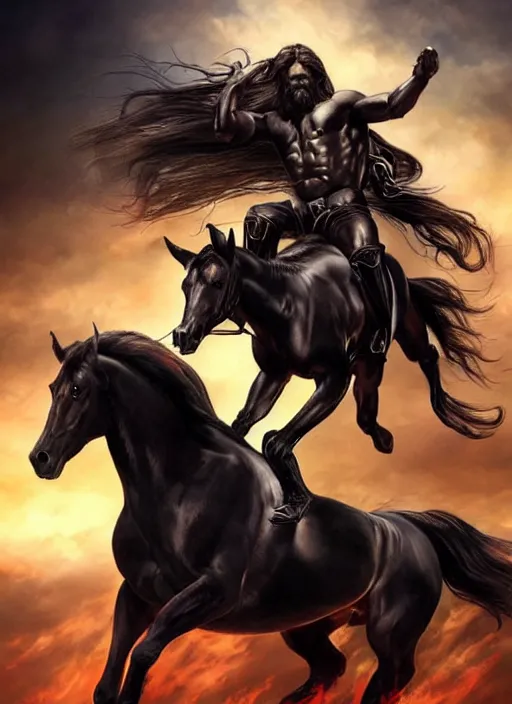 Prompt: the first horseman of the apocalypse riding a black stallion, horse is up on it's hindlegs, the rider looks like jesus, artwork by artgerm and rutkowski, breathtaking, dramatic