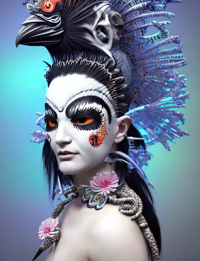 Image similar to 3 d goddess close - up profile portrait punk with mohawk with ram skull. beautiful intricately detailed japanese crow kitsune mask and clasical japanese kimono. betta fish, jellyfish phoenix, bio luminescent, plasma, ice, water, wind, creature, artwork by tooth wu and wlop and beeple and greg rutkowski