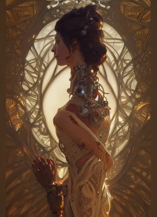 Image similar to cybernetic, intricate, elegant, highly detailed, digital painting, artstation, concept art, smooth, sharp focus, illustration, art by artgerm and greg rutkowski and alphonse mucha