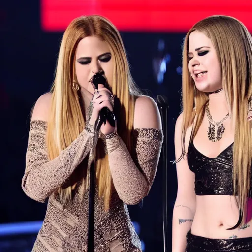 Image similar to Avril Lavigne and Demi Lovato preforming live on stage at the Grammys, high quality, HD, 4k, 8k