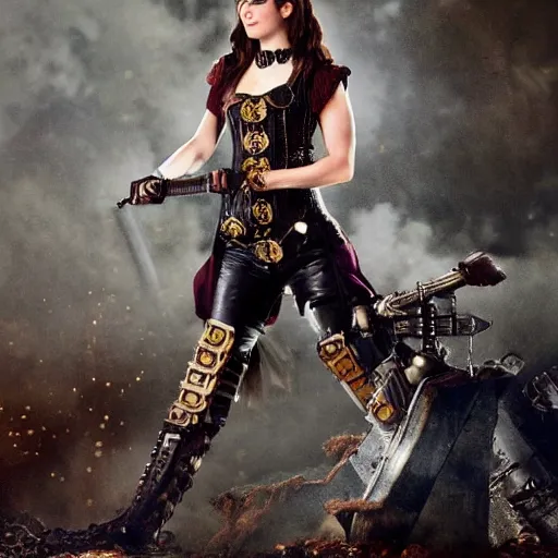 Image similar to full shot photo of alexandra daddario as a steampunk warrior