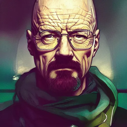 Prompt: high quality illustration, walter white realistic portrait, cyberpunk, alphonse mucha, riot game, beautiful, epic composition, alexandre bourlet, arcane, lois van baarle, league of legend, digital painting, james jean, dynamic colors, greg rutkuwsky, artstation, concept art, neon