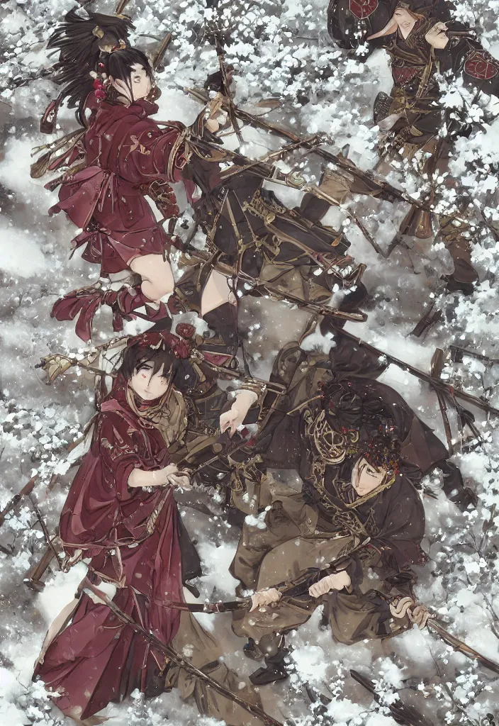 Prompt: fighting scene from a far of steampunk girl samurai with swords and tachi and bow and arrow and armor and rifle and cross bow combat pose in snow forest sakura cherry blossom swan hakama kimono trending on artstation takato yamamoto krenz cushart