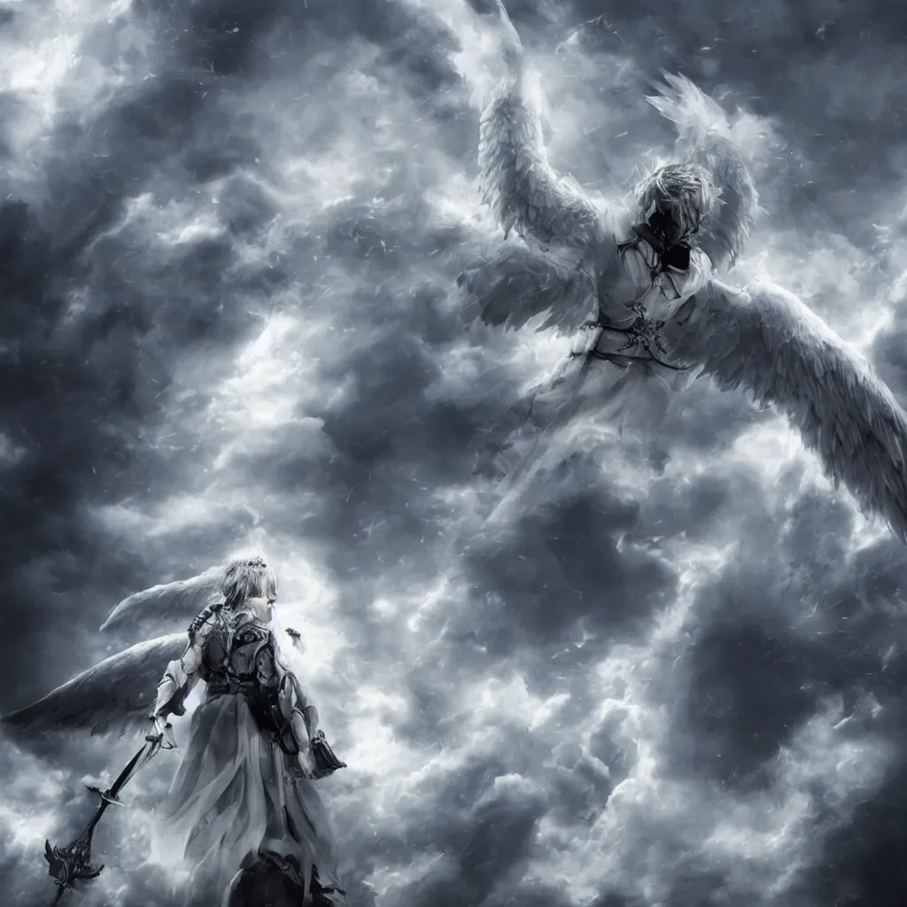 Image similar to a powerful menacing angel in focus with huge white wings, white hair, pale skin, knighted armor and sword levitating and surrounded by a cloud of black smoke. ultra - realistic, 8 k, detailed.