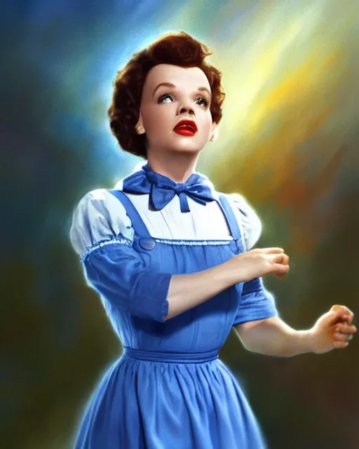 Image similar to judy garland as dorothy in wizard of oz, perfect face, blue dress over white shirt, cinematic, stunning, highly detailed, digital painting, artstation, smooth, hard focus, illustration, art by jessica rossier and and brian froud