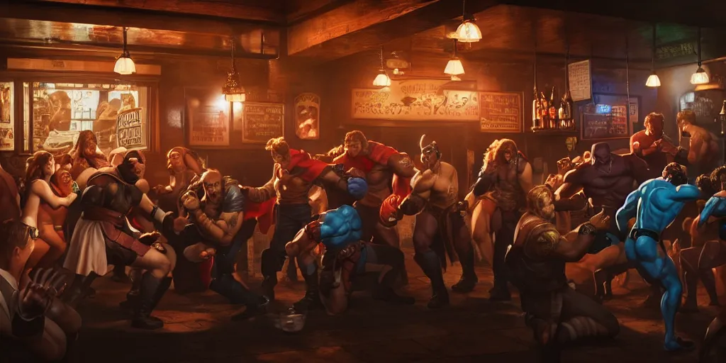 Prompt: a photo of a bar fight inside a pub between dungeons and dragons and comic book heroes, detailed faces, accurate faces, 4k, hyperrealism, editorial, photorealistic, crisp details, sharp focus, wide angle lens, octane render, caustics