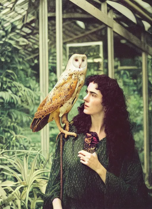 Prompt: Pre - raphaelit grainy head to shoulder portrait Polaroid film photograph of an elegant lovely woman wearing a yellow kimono with a very detailed barn owl on her shoulder!!! in a tropical greenhouse. looking at the camera!!. slight smile. super resolution. Extremely detailed. face like Jennifer Connelly. Polaroid 600 film.