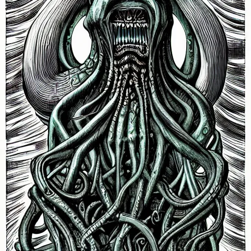 Image similar to Humanity is consumed by Cthulhu, Giger, Lovecraft, colored.