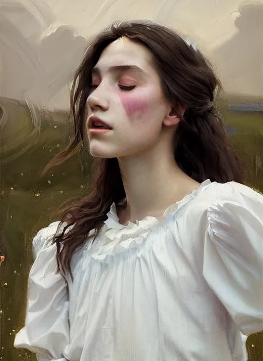 Image similar to portrait of girl dressed in white clothes , countryside, fantasy character portrait, dynamic pose, above view, view from above, sunny day, thunder clouds in the sky, artwork by Jeremy Lipkin and Giuseppe Dangelico Pino and Michael Garmash and rob rey, very coherent symmetrical artwork, perfect face, simple form, 100mm