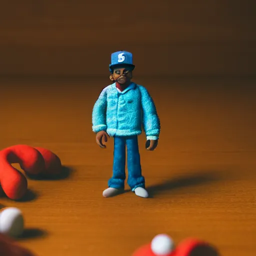 Image similar to a cinematic film still of a claymation stop motion film starring chance the rapper as a college student, shallow depth of field, 8 0 mm, f 1. 8