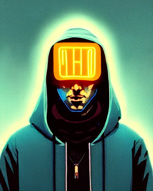 Prompt: cyberpunk synth, hyper - realistic portrait of a man in a hoodie with neon mask, cyberpunk, by atey ghailan, by greg rutkowski, by greg tocchini, by james gilleard, by joe fenton, by kaethe butcher, dynamic lighting, gradient light blue, brown, cinematic lighting color scheme, sharp focus, grunge aesthetic