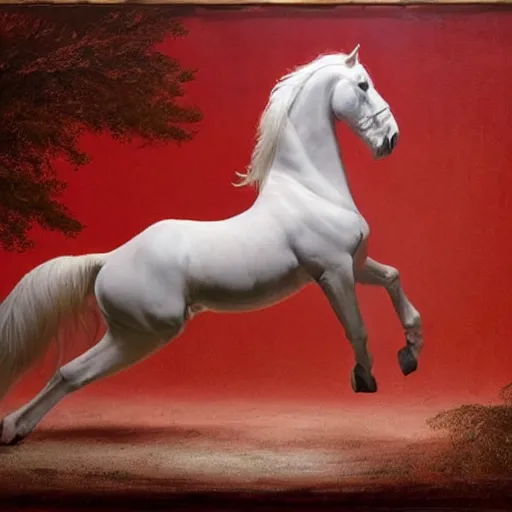 Image similar to an all white horse, with no facial features, like a white mask pulled over their face, full body laying in a blood red pool of water there is an overhead glowing floating golden mirror frame, inspired by the bohemian grove sacrifice ritual and outside the mirror frame is a deep space, physically accurate, dynamic lighting, intricate, elegant, highly detailed, very very Roberto Ferri, sharp focus, very very unsettling, very terrifying, illustration, art